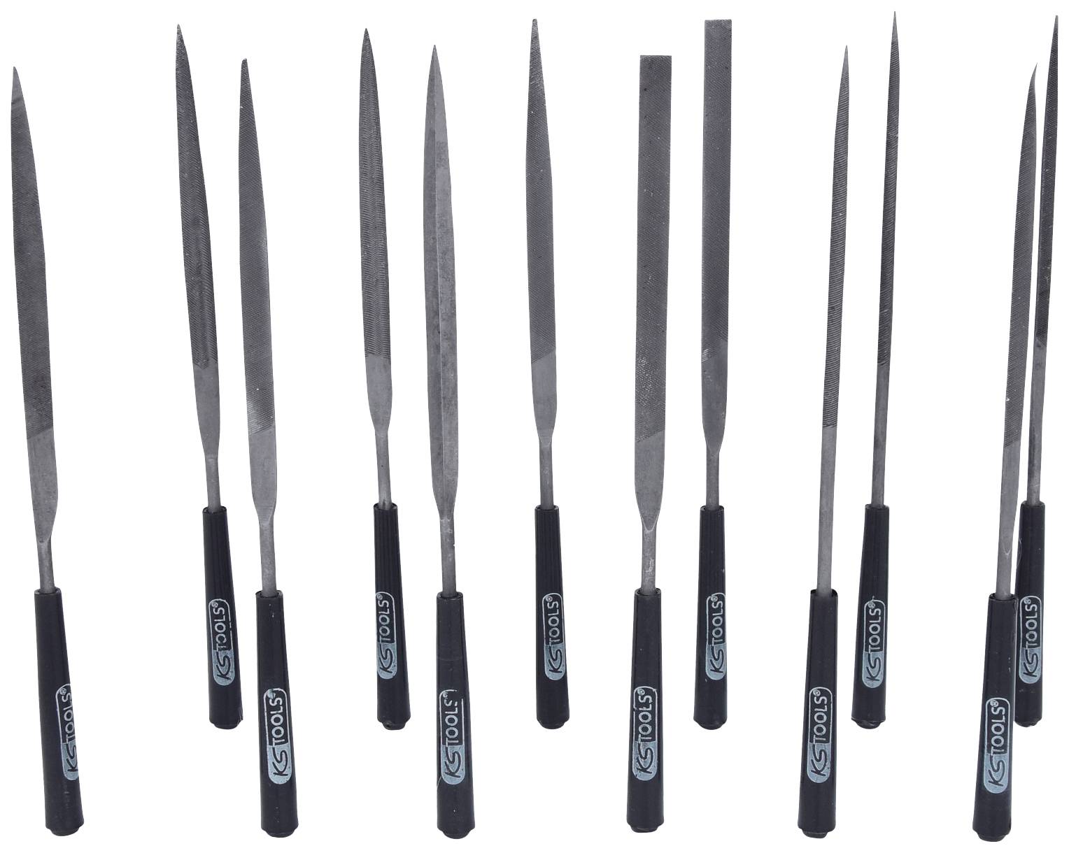 Dwanaście metalowych pilników z czarnymi uchwytami i niebieskim nadrukiem 'tools', ułożonych w dwóch rzędach. Różne kształty i rozmiary.