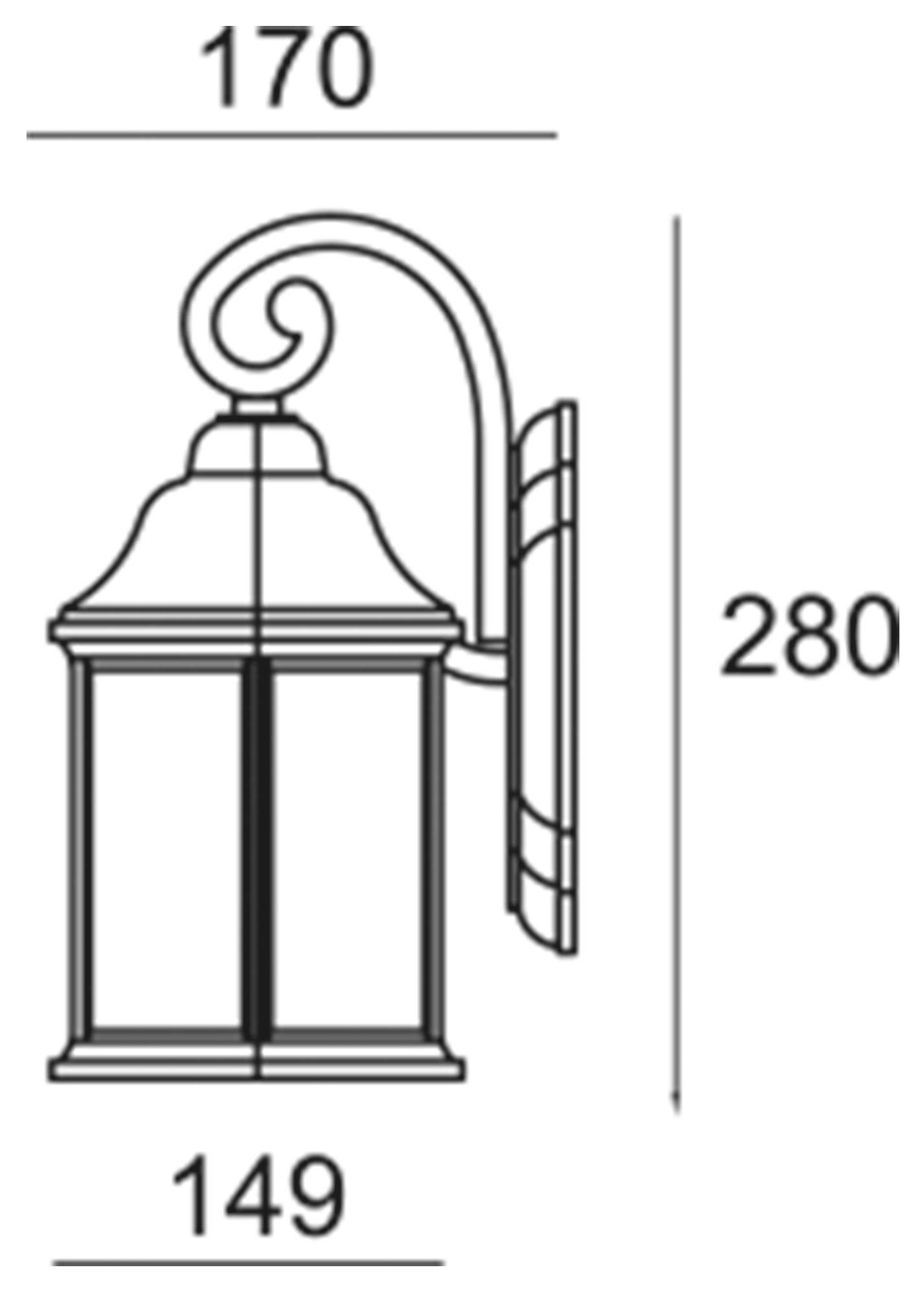 Rysunek latarni z mocowaniem ściennym. Wymiary: wysokość 280 mm, szerokość 149 mm, głębokość 170 mm.
