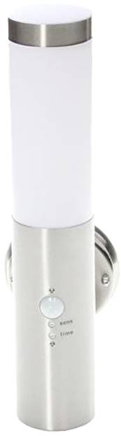 Srebrna, cylindryczna lampa zewnętrzna z matowym kloszem szklanym. Czujnik ruchu i przełącznik czasowy na przedniej stronie. Mocowanie ścienne.