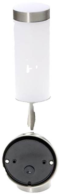 Cylindryczna lampa zewnętrzna z metalową obudową i białym szkłem, odpowiednia do montażu ściennego do oświetlania przestrzeni na zewnątrz.