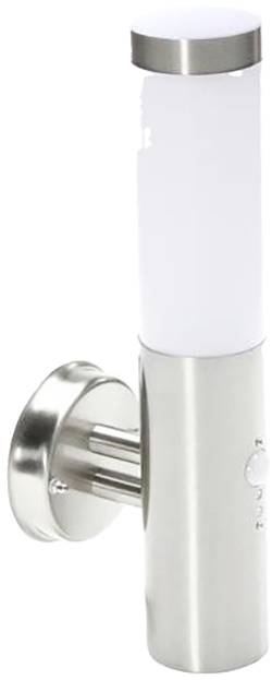 Srebrny kinkiet z cylindrycznym, białym kloszem, odpowiedni do użytku na zewnątrz.