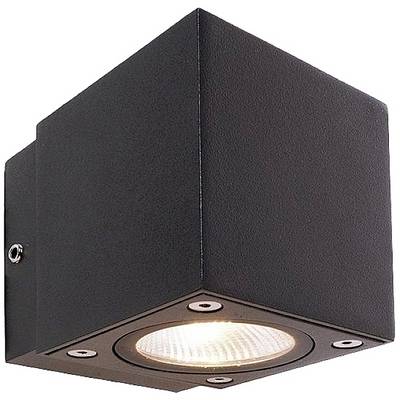 Czarna lampa ścienna w kształcie kwadratu, świecąca w dół. Nowoczesny, minimalistyczny design, idealna do zastosowań na zewnątrz.