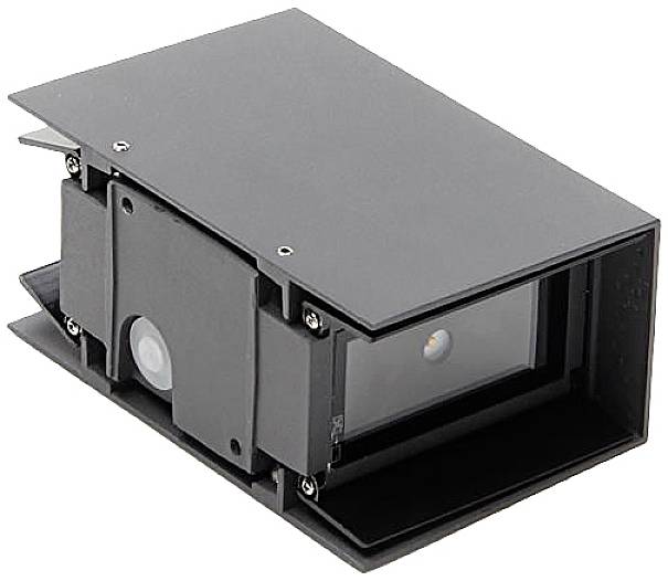 Prostokątna, czarna, metalowa obudowa naścienna do użytku zewnętrznego z szybą, przeznaczona do montażu opraw oświetleniowych.