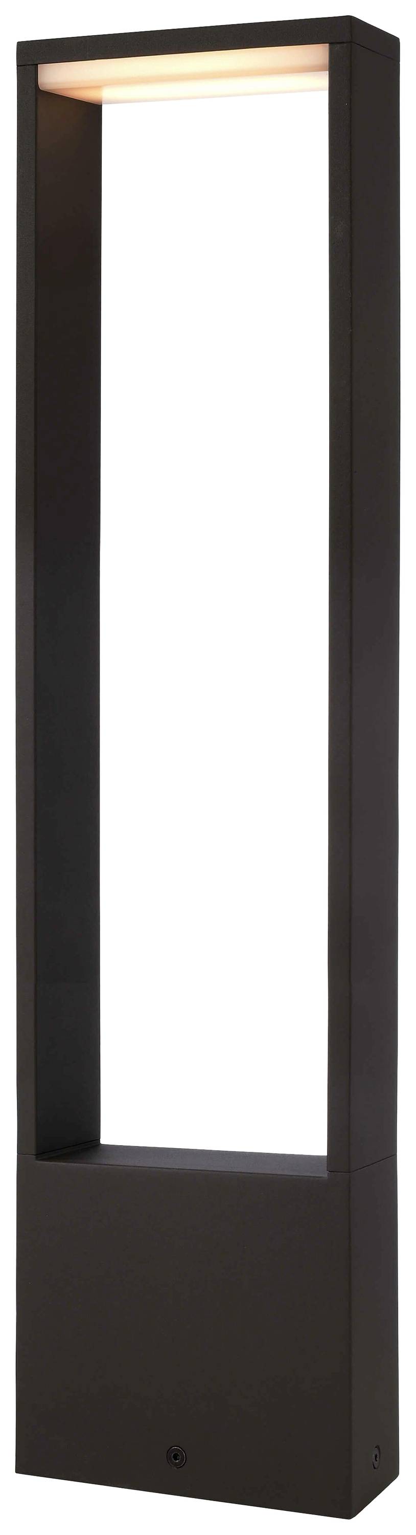Wolnostojąca, prostokątna, nowoczesna lampa zewnętrzna z czarną ramą. Światło ciepło świeci wzdłuż wewnętrznej strony ramy.