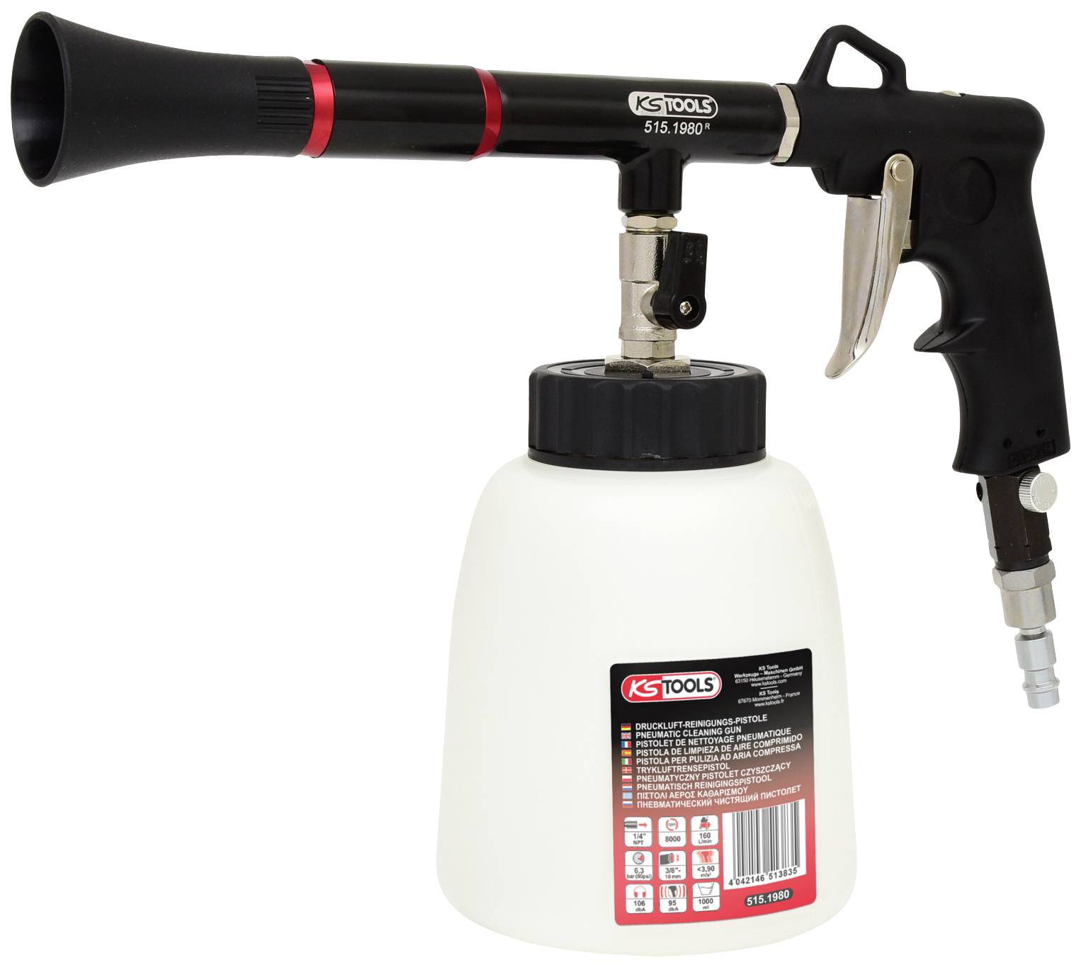 Pistolet do czyszczenia sprężonym powietrzem z czarną рукояткą i białym zbiornikiem, odpowiedni do dokładnego czyszczenia powierzchni.