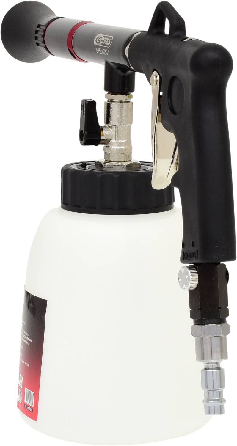 Pistolet pianowy z czarną rękojeścią i czerwonym zaworem na białym zbiorniku, używany do czyszczenia za pomocą strumienia piany.