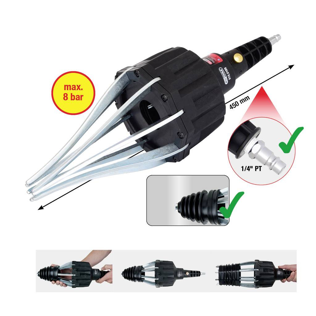 Pneumatyczny mnożnik momentu obrotowego z manometrem oznaczonym 'maks. 8 bar', o długości 450 mm, przedstawiający szczegół podłączenia '1/4" PT' oraz zaznaczone punkty kontrolne prawidłowego użycia.