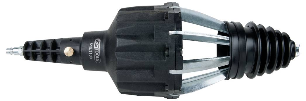 Narzędzie do czyszczenia rur z czarnym, stożkowym czubkiem i metalowymi zębami, używane do udrażniania przewodów rurowych. Wyposażone jest w mechanizm sprężynowy.