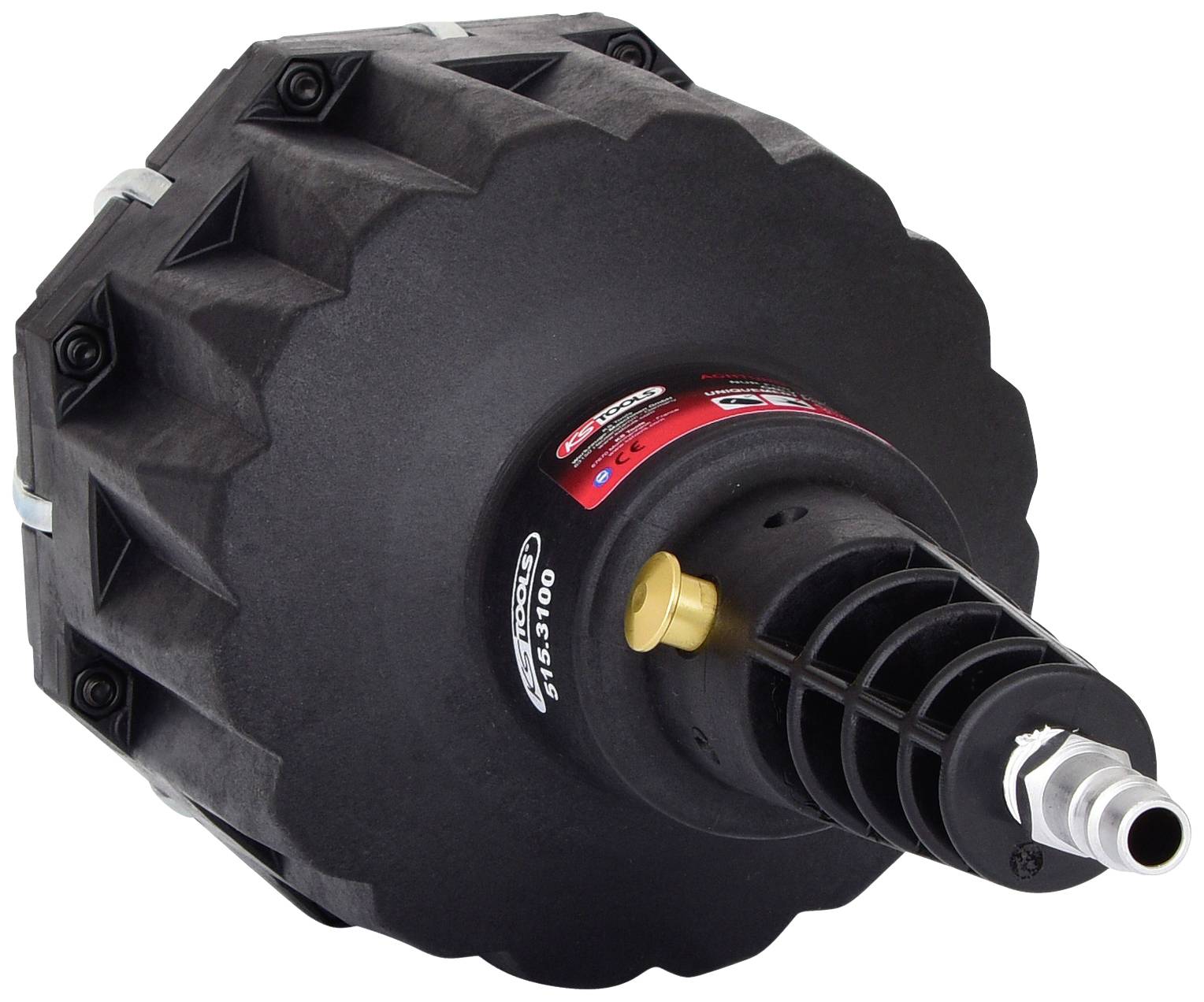 Czarny wzmacniacz siły hamowania o okrągłym kształcie, ze strukturą rowkowaną i złotym zaworem; stosowany w samochodach do zwiększania siły hamowania.