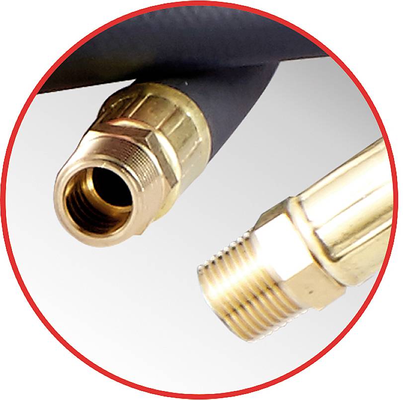 Metalowy pręt gwintowany z jednym końcem połączony jest z elastycznym wężem, otoczony czerwonym kołem.