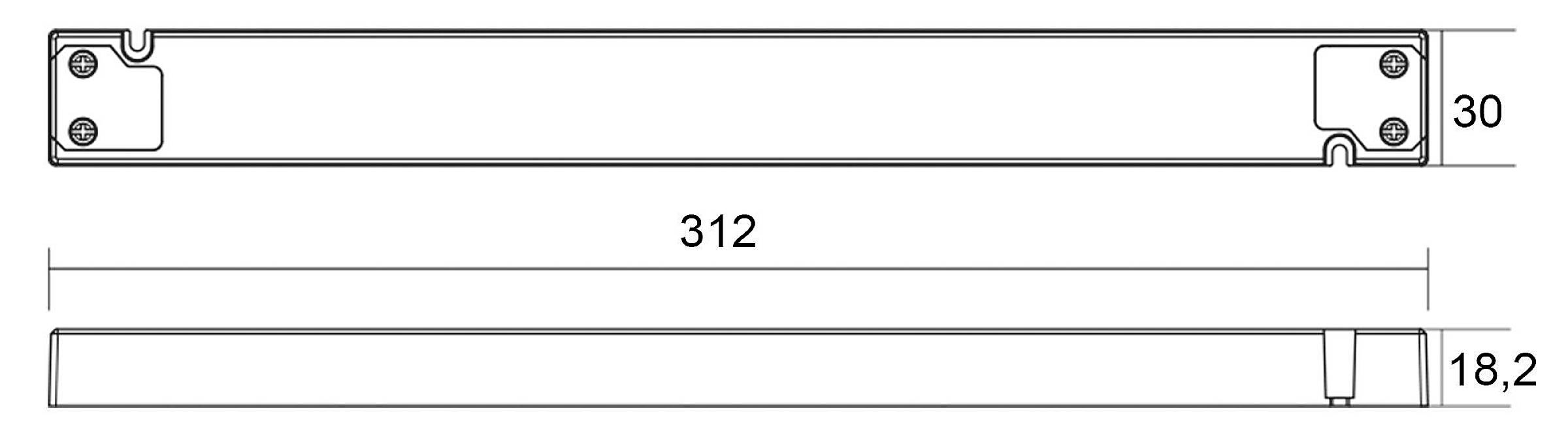 Rysunek techniczny prostokątnego elementu metalowego o wymiarach: długość 312 mm, wysokość 30 mm, szerokość 18,2 mm.