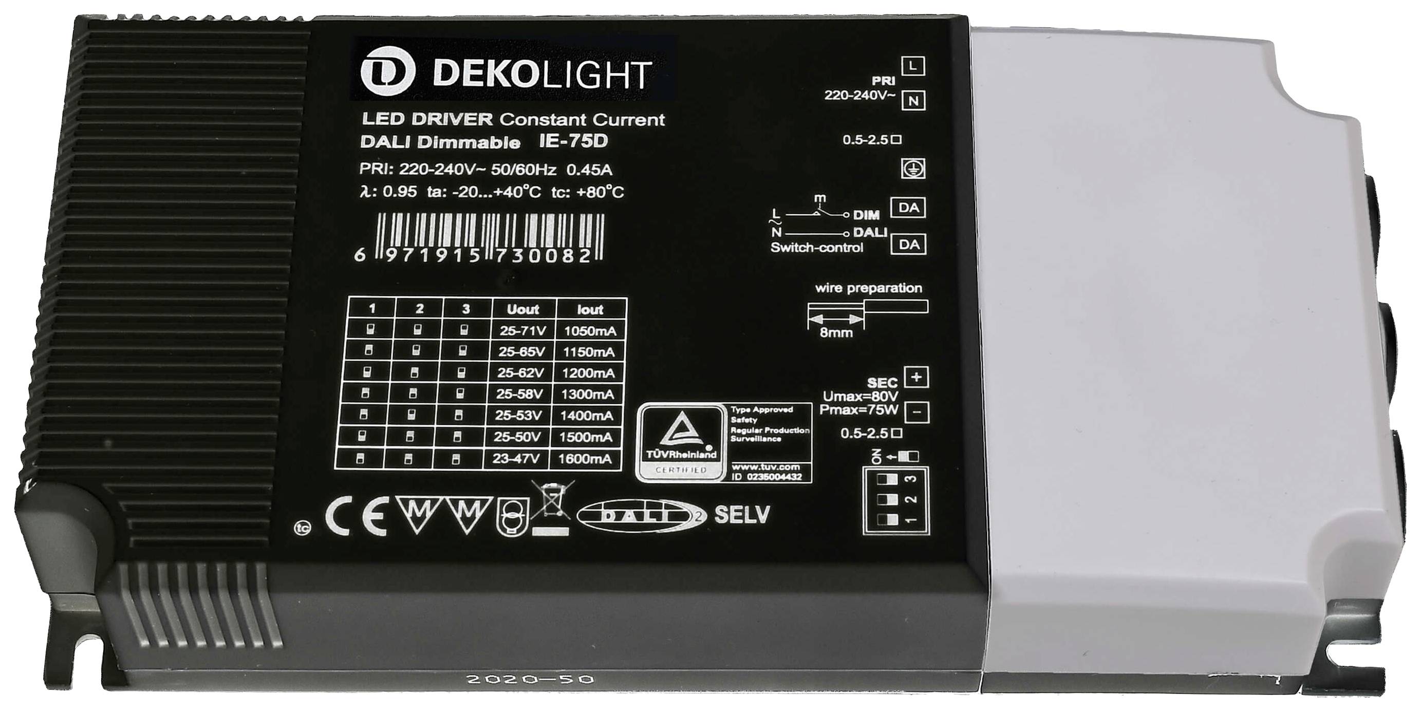Sterownik LED Dekolight IE-750 z kartą katalogową: napięcie wejściowe 220-240V, prąd 0,05-0,5A, regulowany opór.