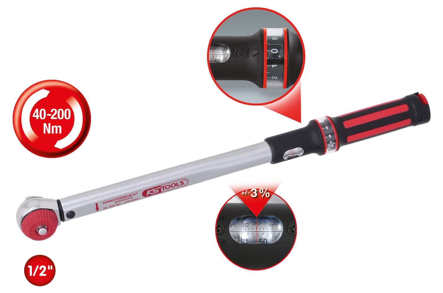 Klucz dynamometryczny KS Tools, regulowany w zakresie 40-200 Nm z napędem 1/2", prezentujący szczegóły skali i mechanizmu blokady.