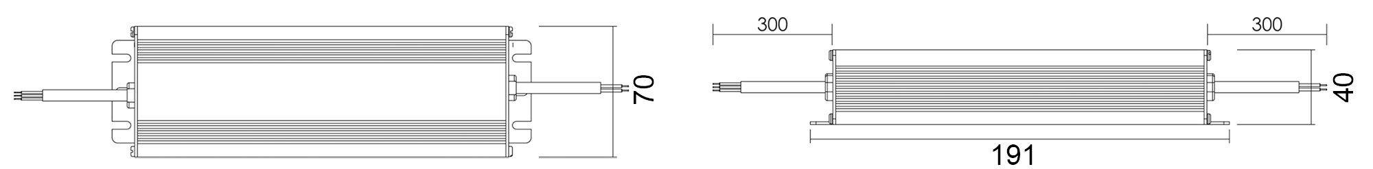 'Dwa rysunki techniczne części, z podanymi wymiarami długości 300, 70, 40 i 191 mm. Przedstawia średnice i pozycję elementów.'