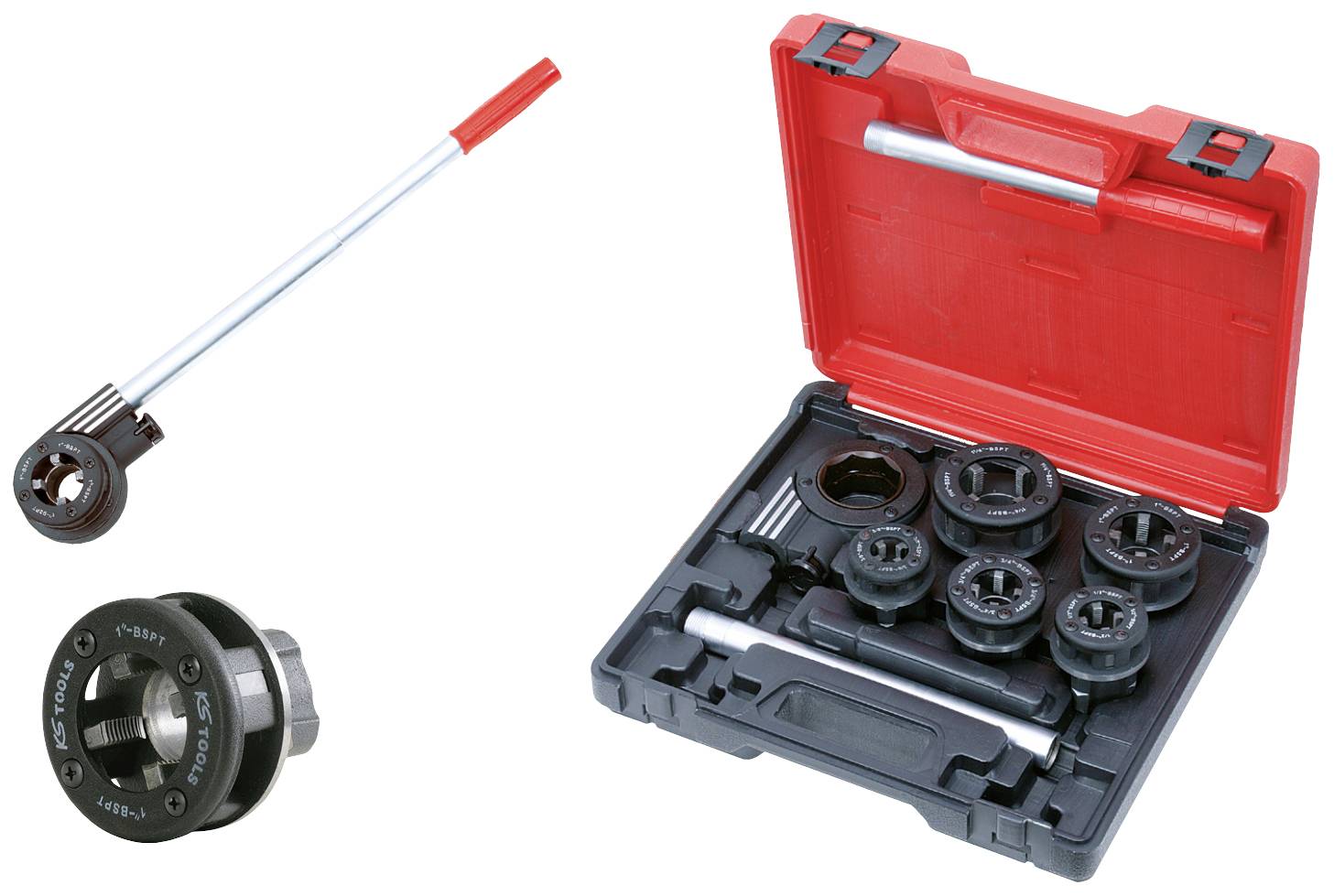 Zestaw do gwintowania z grzechotką, składający się z różnych gwintowników w czerwonym plastikowym pudełku oraz grzechotki.