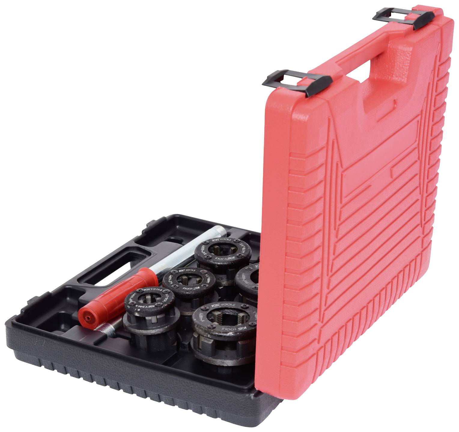 Czerwona walizka z otwartą pokrywą prezentuje wkładki na narzędzia i uchwyt.