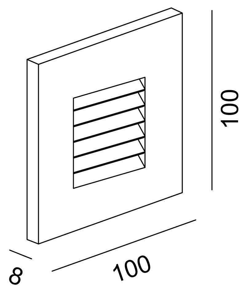 Rysunek techniczny prostokątnej kratki wentylacyjnej o wymiarach 100x100 mm i głębokości 8 mm.