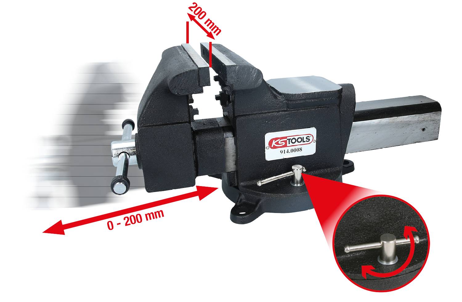 Imadło KS Tools o rozpiętości 0-200 mm. Zbliżenie przedstawia mechanizm zacisku. Ilustruje zastosowanie.