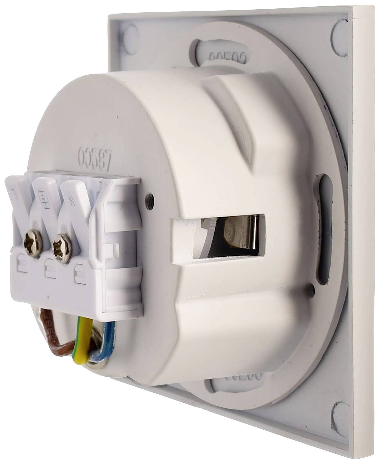 Okrągły, biały elektryczny wyłącznik naścienny z widocznymi zaciskami przyłączeniowymi i przewodami, zamontowany na kwadratowej podstawie.