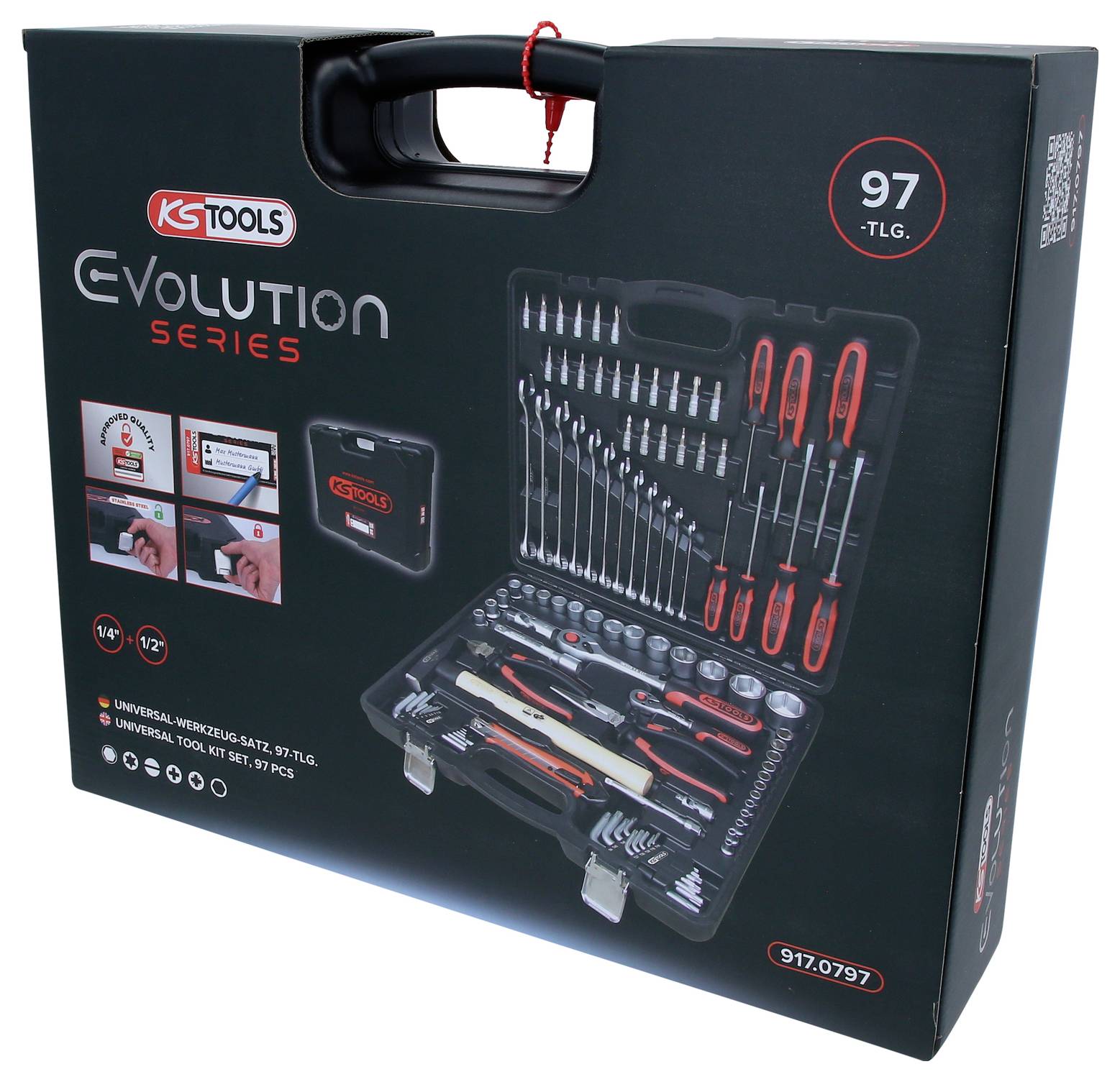 Czarny kufer narzędziowy z etykietą 'KS Tools Evolution Series' oraz '97 szt.', prezentujący zdjęcie narzędzi we wnętrzu walizki.