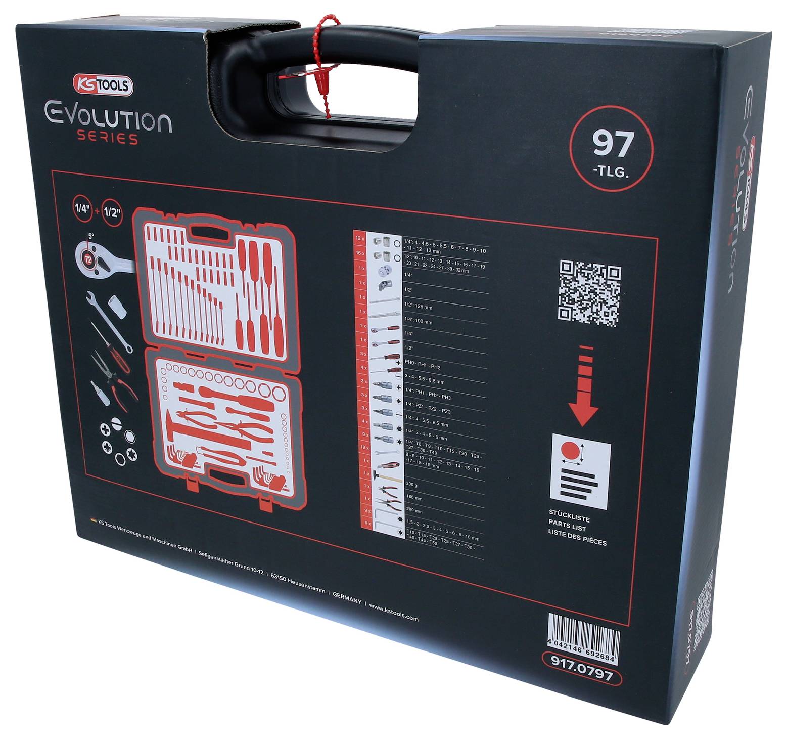Czarny walizka narzędziowa z serii Evolution firmy 'KS Tools', prezentująca 97-elementowy zestaw z ilustracją narzędzi na opakowaniu.