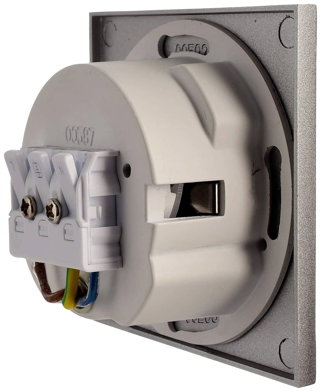 Tylna strona włącznika z podłączeniami kablowymi. Trzy widoczne przewody: brązowy, niebieski i żółto-zielony. Montaż w kwadratowej oprawie.