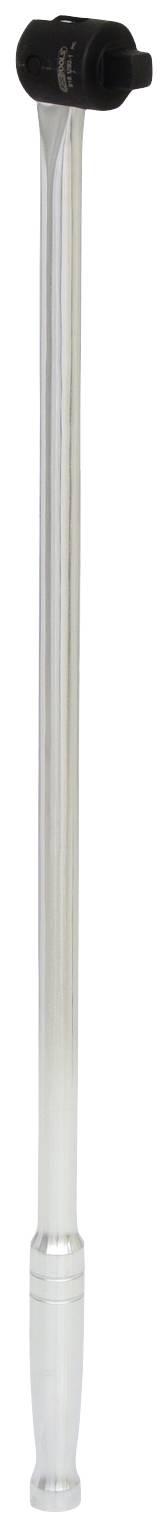 Srebrna laska z czarnym gumowym uchwytem i gumowanym zakończeniem, stojąca, zapewniająca stabilność i wsparcie.