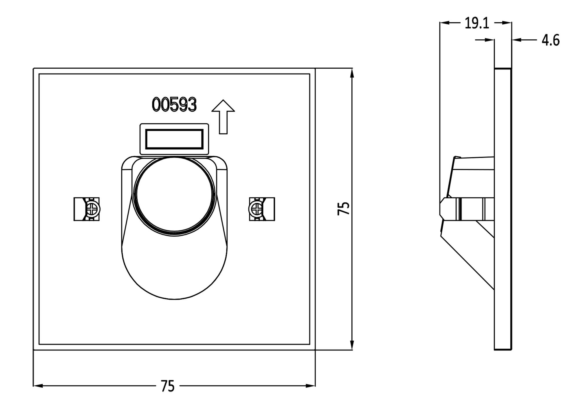 Rysunek techniczny elementu mechanicznego o wymiarach: 75x75 mm, odległość boczna 19,1 mm, wysokość 4,6 mm.