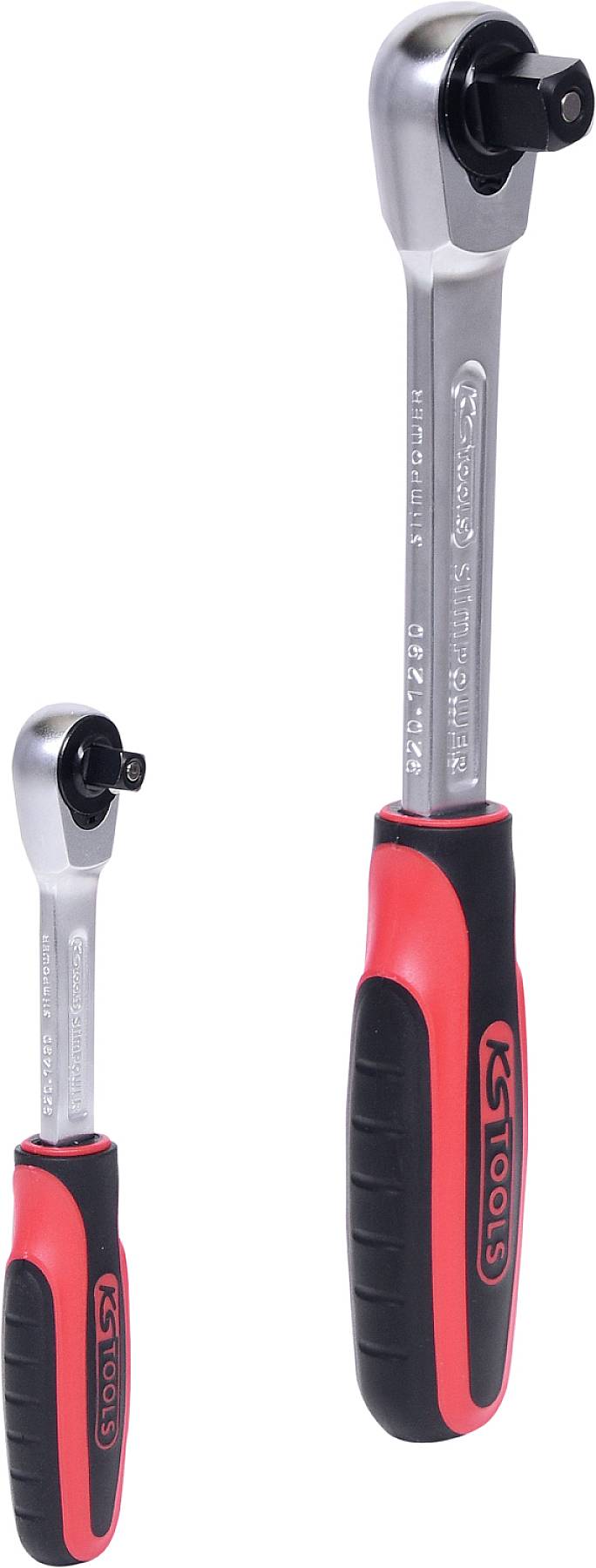 Dwie czerwono-czarne grzechotki z ergonomicznymi uchwytami. Pokazane są różne rozmiary. Idealne do prac mechanicznych.