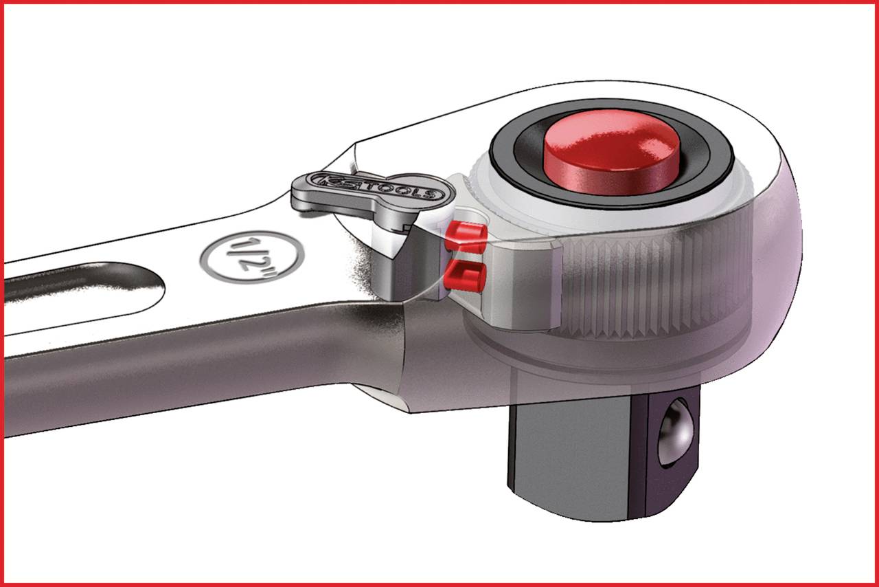 Grzechotka z przezroczystą obudową ukazuje mechanizm. Czerwony przycisk na górze, z grawerem '1/2"'. Nacisk na funkcjonalność.