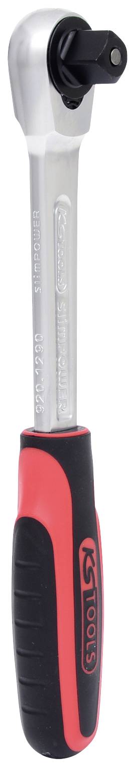 Srebrny klucz płasko-oczkowy z mechanizmem zapadkowym, wyposażony w ergonomiczny uchwyt w kolorach czerwono-czarnych, z napisem 'KS Tools'.