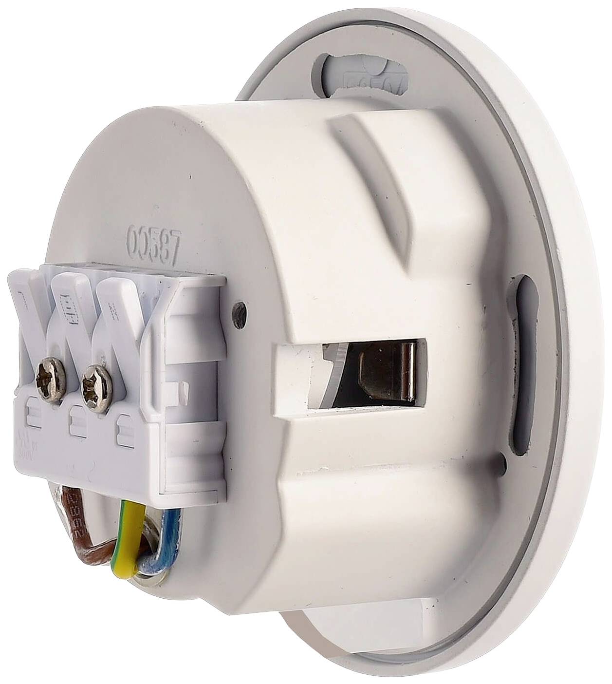 Okrągły, biały czujnik dymu z widocznym tyłem, pokazujący przyłącza kablowe i uchwyt montażowy.