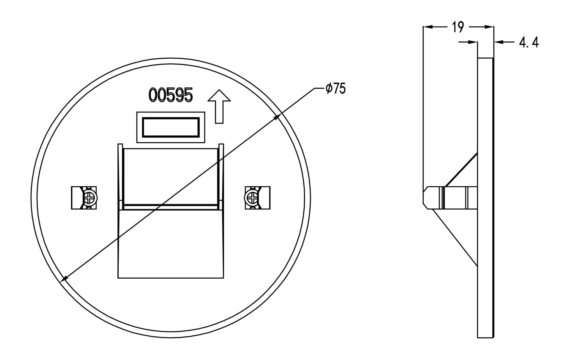 Rysunek techniczny elementu okrągłego o średnicy 75,5 mm, przedstawiający widok z przodu i z boku, z naniesionymi wymiarami.