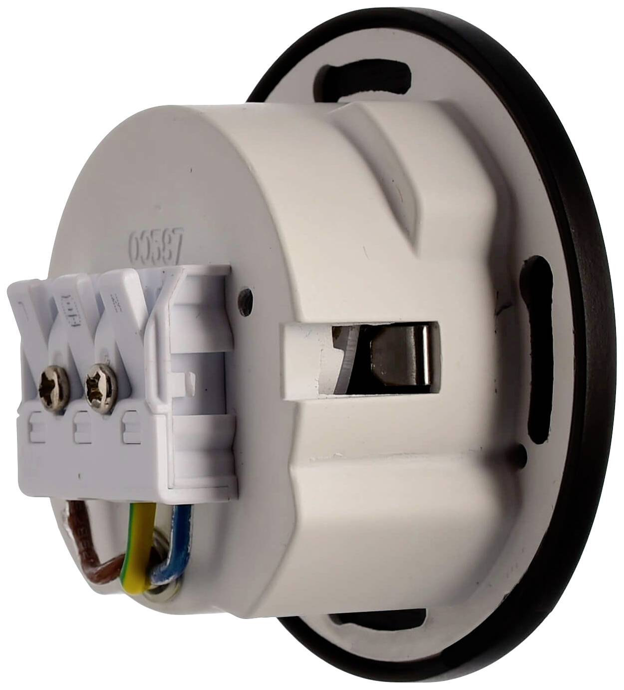 Okrągłe, białe złącze elektryczne z wieloma podłączeniami kabli, widziane z boku.