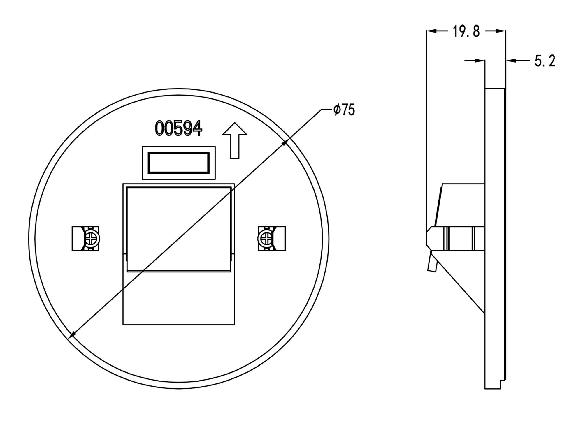 Rysunek techniczny okrągłego elementu elektrycznego o średnicy 75 mm. Widok z boku ukazuje wysokość 19,8 mm i szerokość 5,2 mm.