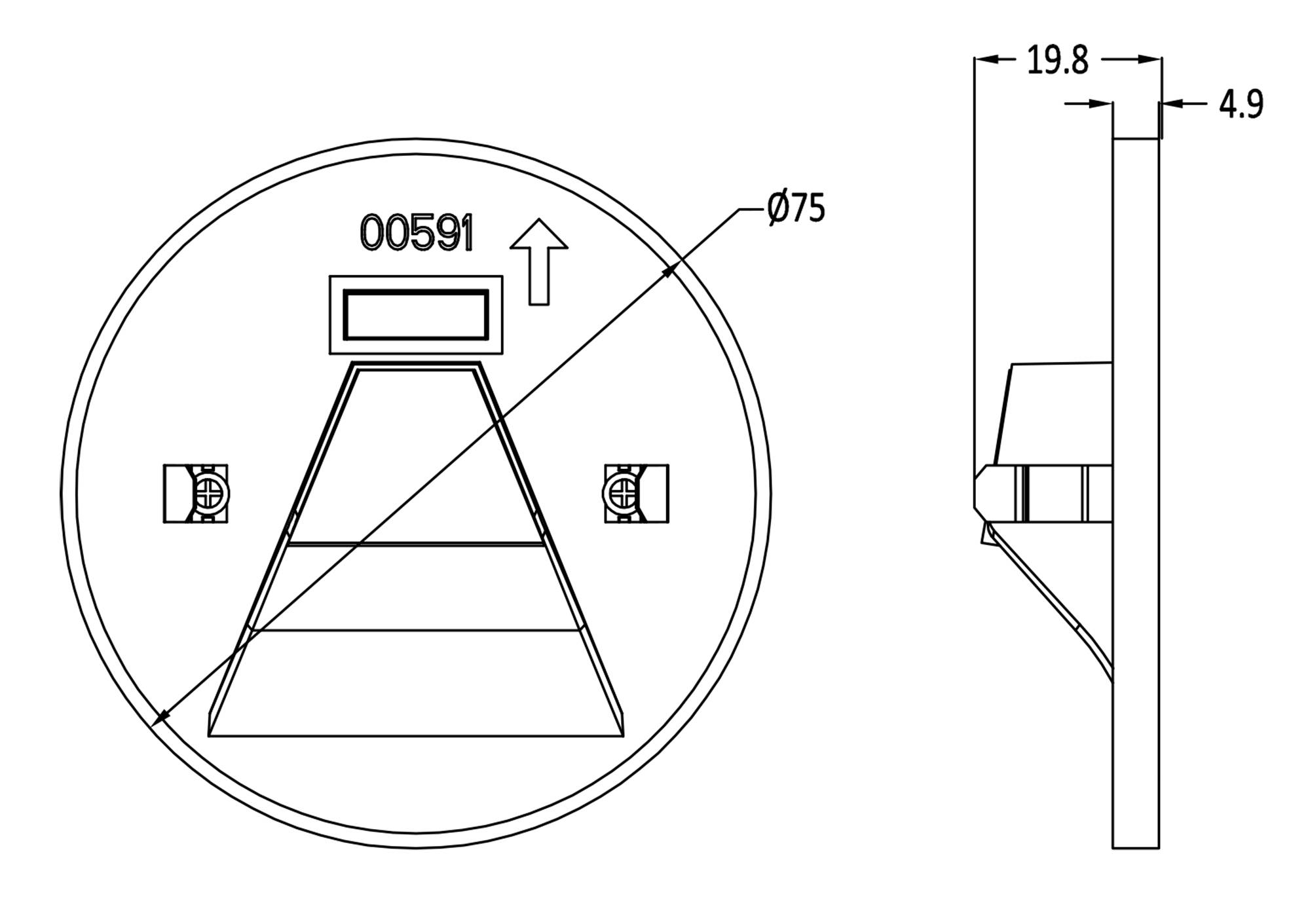 Rysunek techniczny cylindrycznej części z nadrukiem '00591', oznaczeniem średnicy Ø75 i strzałką kierunkową. Wymiary: 19,8 x 4,9 mm.