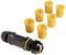 Czarny złącznik kablowy z sześcioma żółtymi uszczelkami. Złącznik posiada dwa zakończenia gwintowane, zapewniające bezpieczne połączenie kabli.