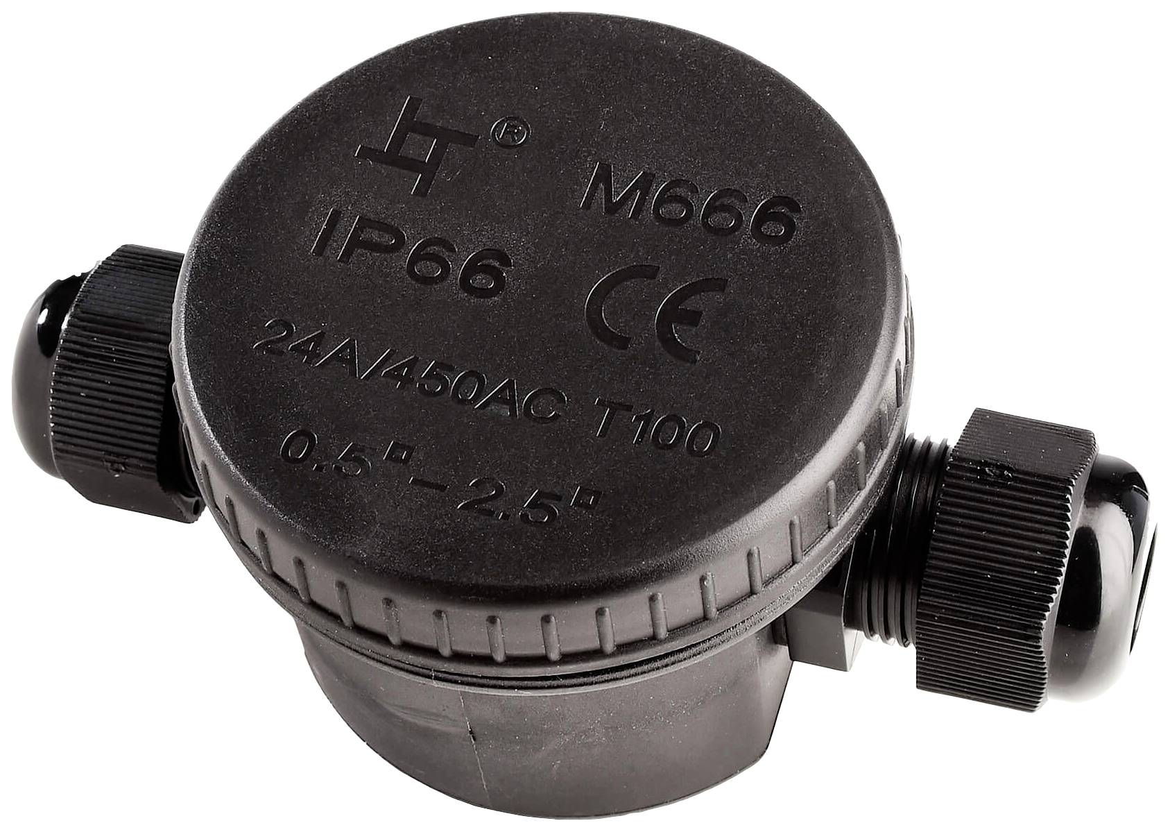 Czarne, cylindryczne urządzenie z napisem 'IP66 M666 CE 24A/450AC T100 0.5" – 2.5"'. Odpowiednie do zastosowań elektrycznych.