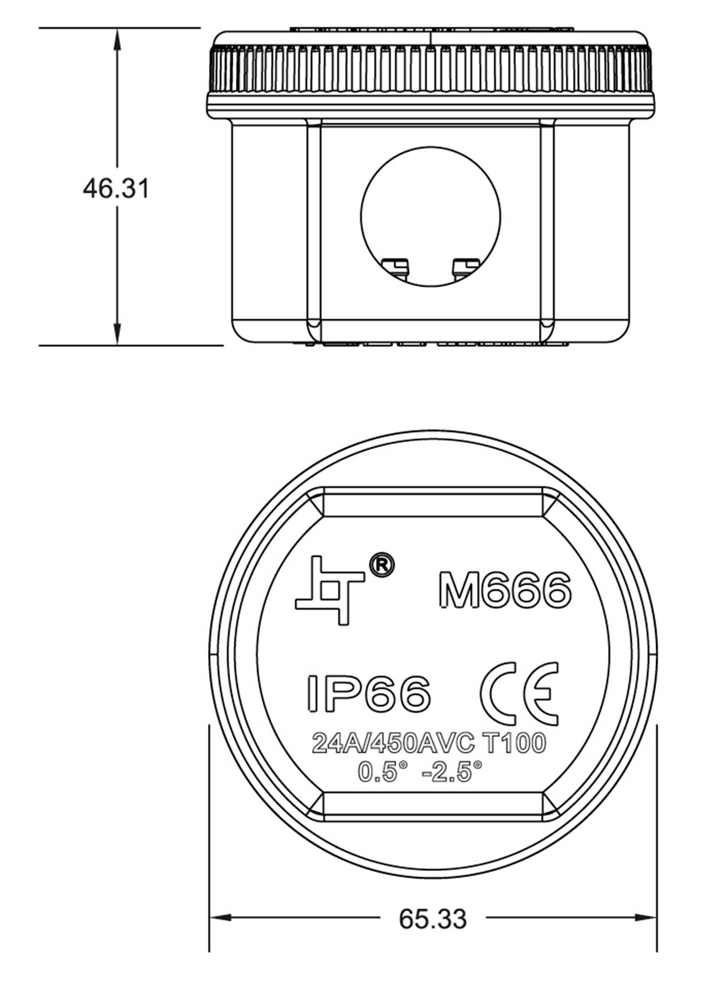 Rysunek techniczny elementu cylindrycznego, wymiary 46,31 mm wysokości i 65,33 mm średnicy. Oznaczenia: IP66, M666, CE.