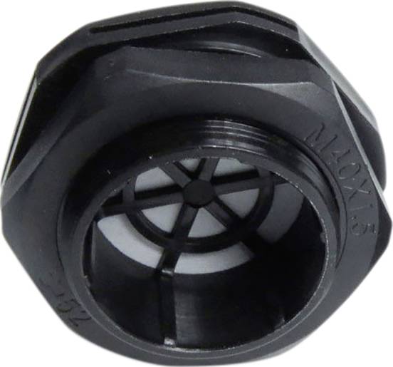 Czarny korpus dławika kablowego z napisem 'M40x1,5' na boku, stosowany do bezpiecznego mocowania przewodów.