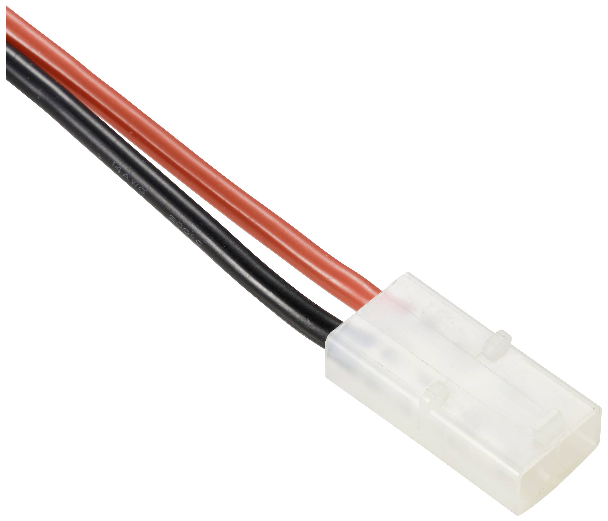 Złącze z dwoma przewodami, czerwonym i czarnym, wyprowadzonymi z białej wtyczki z tworzywa sztucznego.