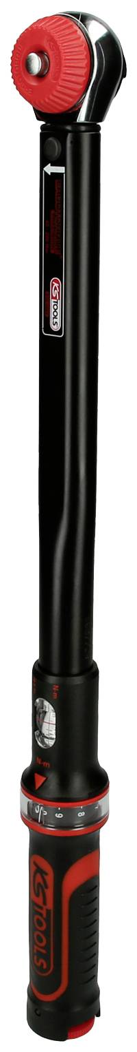 Czarny i czerwony klucz dynamometryczny z wyświetlaczem cyfrowym na czarnym tle. Narzędzie do precyzyjnego dokręcania śrub.