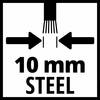 Symbol wycinacza laserowego przecinającego stal o grubości 10 mm. Dwa strzałki wskazują na punkt z tekstem 