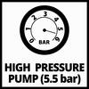 Symbol pompy wysokociśnieniowej (5,5 bara) z manometrem wskazującym zakres od 0 do 6 bar. Wskazówka manometru jest ustawiona na 5,5 bara.