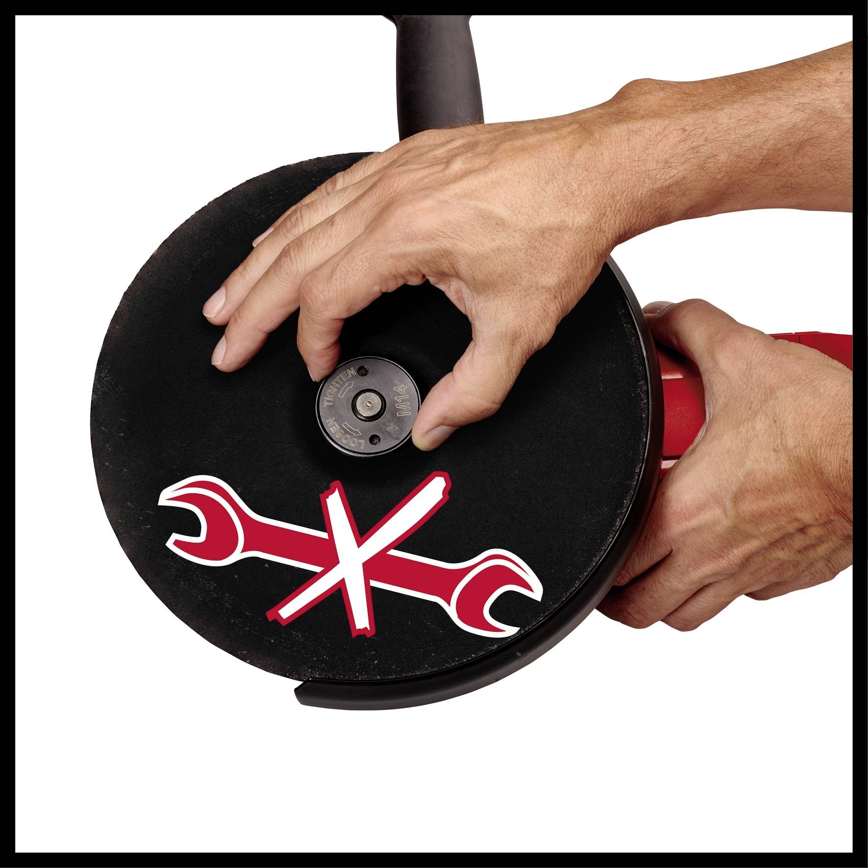 Osoba trzyma szlifierkę kątową z symbolem wskazującym na konieczność przeprowadzenia czynności konserwacyjnych.