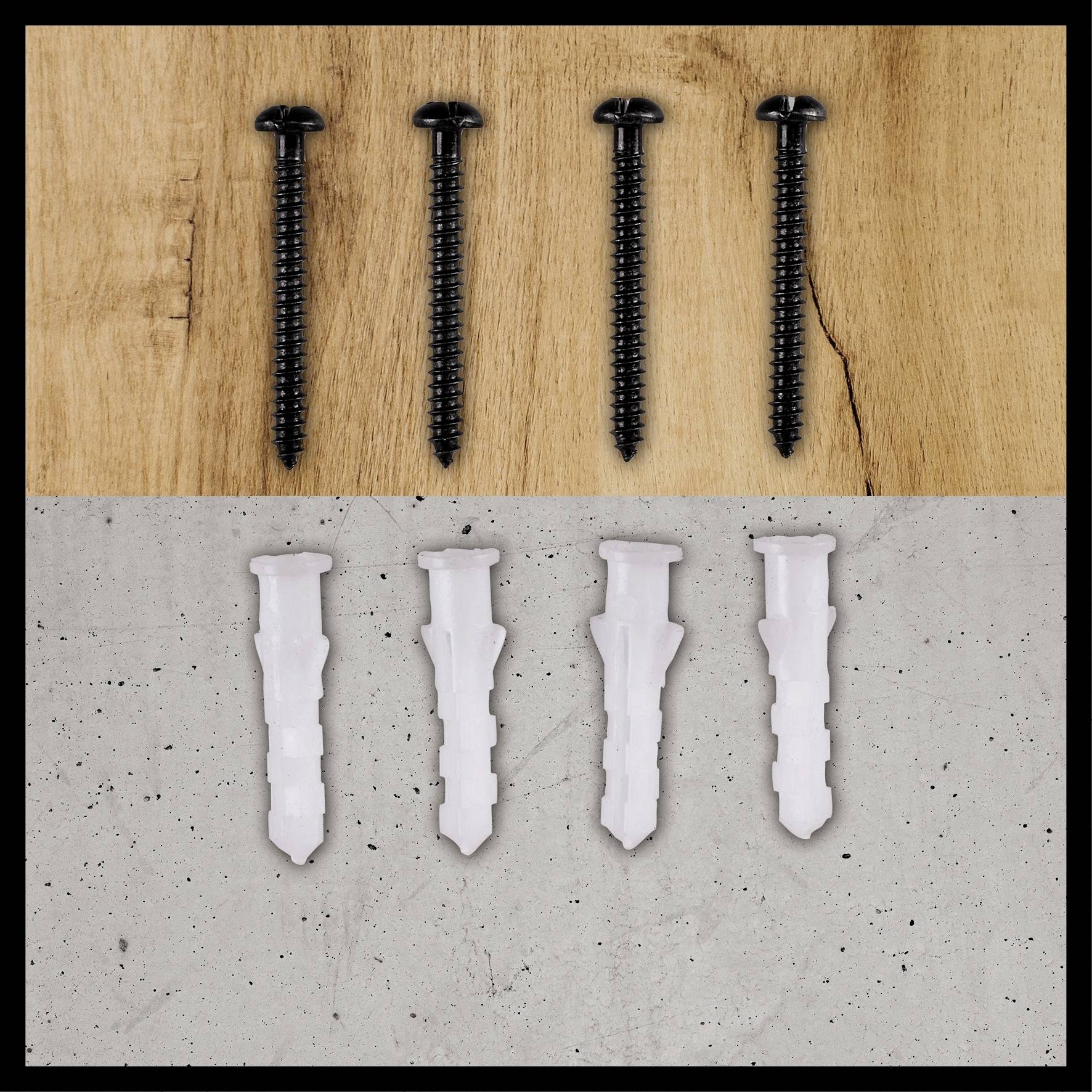 'Cztery czarne śruby i cztery białe kołki leżą obok siebie, umieszczone na górze na powierzchni drewna, na dole na powierzchni betonu.'