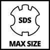 Symbol 'SDS' nad kształtem zęba z tekstem 'MAX SIZE' poniżej. Symbol oznaczający maksymalny rozmiar wierteł SDS.