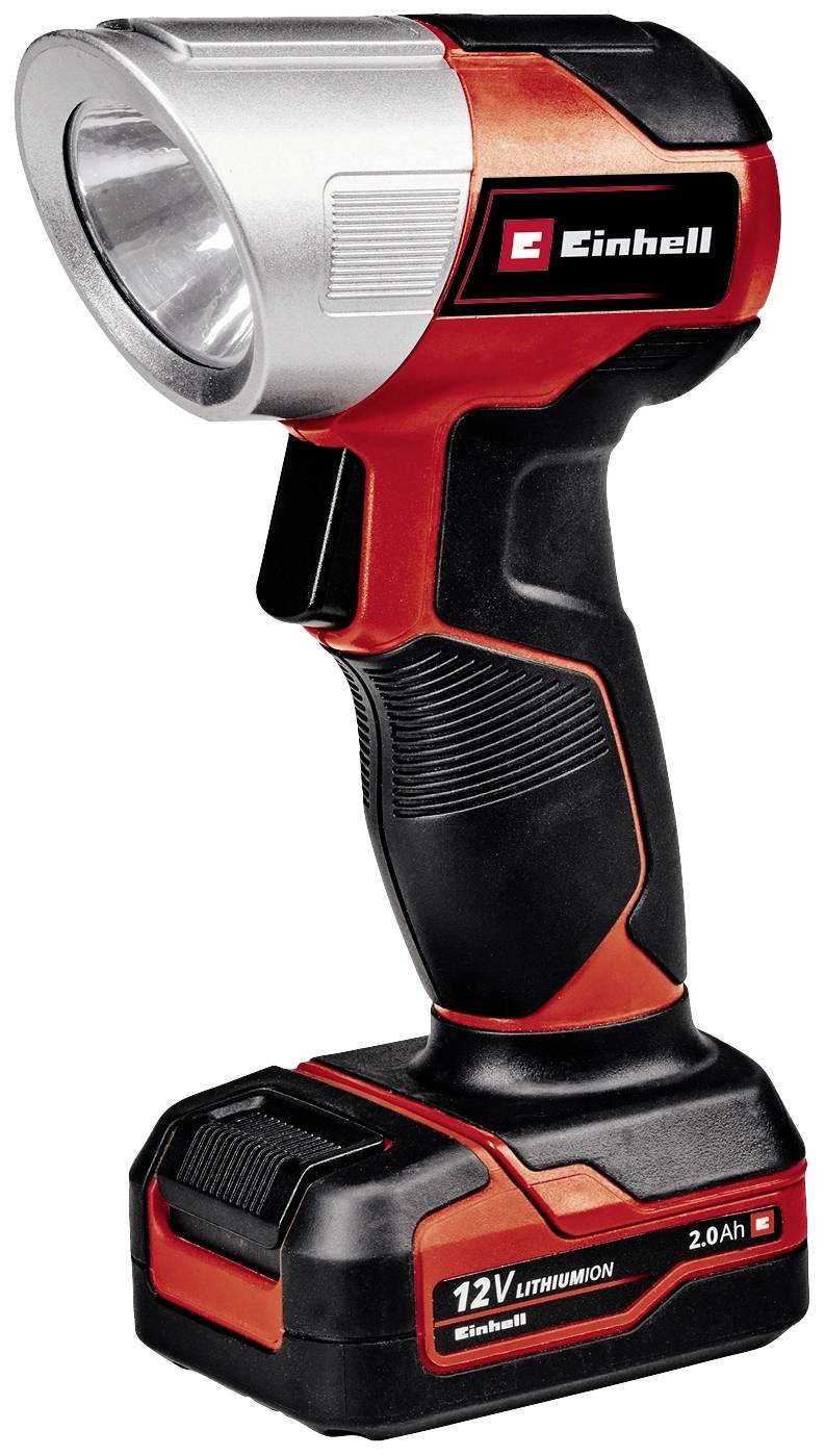 Ręczna lampa z ergonomicznym uchwytem, zaprojektowana w kolorach czarnym i czerwonym, wyposażona w wydajny akumulator litowo-jonowy 12V o pojemności 2,0Ah.