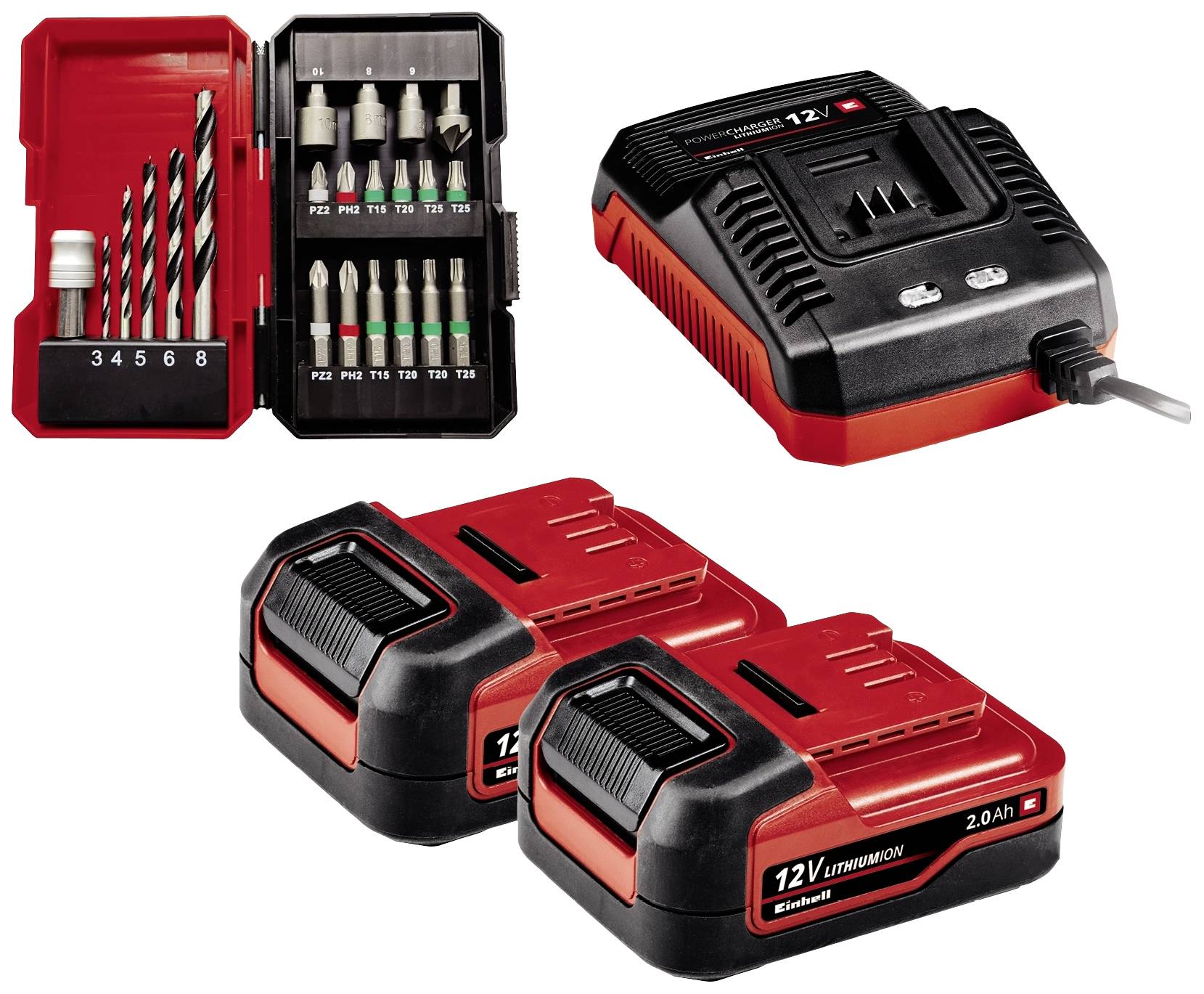 Zestaw wiertarski z wiertłami, ładowarką i dwoma akumulatorami litowo-jonowymi 12V, w kolorach czerwonym i czarnym, do elektronarzędzi i wkrętarek.