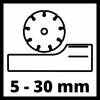 Ikona piły tarczowej przedstawiająca cięcie metalu w materiale z opisem '5 - 30 mm'